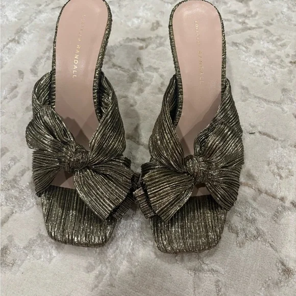 Loeffler Randall Claudia Gold Bow Heeled Sandals - Picture 2 of 7